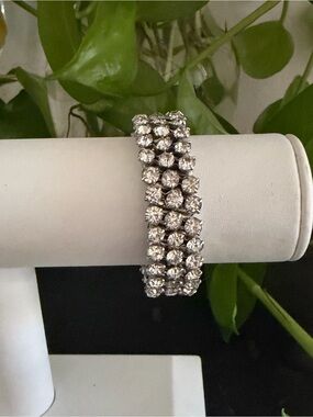 Vintage 60’s Silver Multi-Row Crystal Rhinestone Stretch Cocktail Bracelet